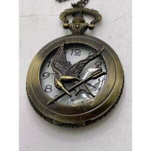 Brass Tone Bird Pocket Watch Works New Battery